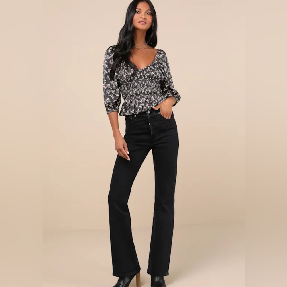 Lulus Notable Delight Charcoal Floral Balloon Sleeve Top Black - Size S - Picture 3 of 4